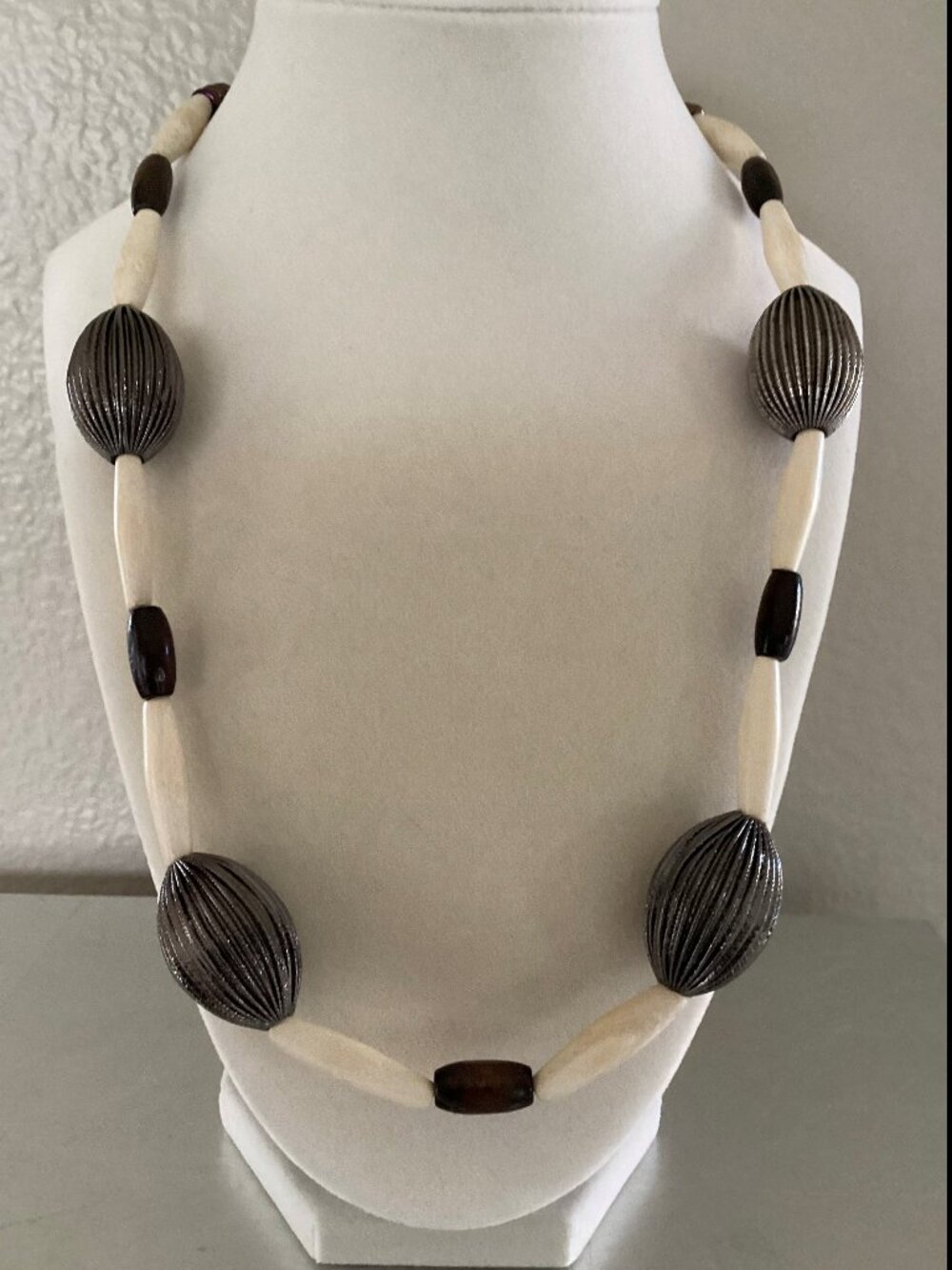 Bronze and cream beaded necklace with artisan toggle clasp, 23 inches